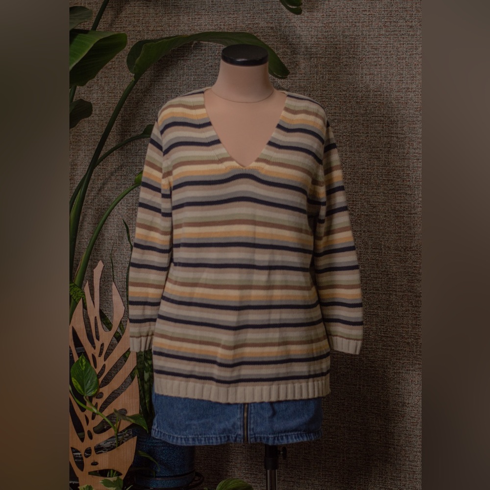 Large Striped Knit Long Sleeve Sweater White Stag